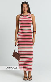 Yasmine Maxi Dress - Boat Neck Backless Stripe Knit Stripe Dress in Multi