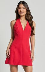 Yelena Mini Dress - Halter Neck Bow Detail Mini Dress in Red