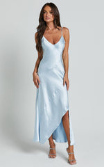 Ylona Maxi Dress - Asymmetric Draped Bias Cut Satin Slip Dress in Ice Blue