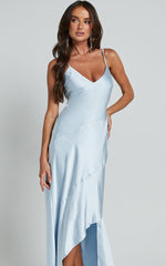 Ylona Maxi Dress - Asymmetric Draped Bias Cut Satin Slip Dress in Ice Blue