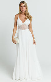 Ysolde Maxi Dress - V Neck Low Back Fit And Flare Dress in White