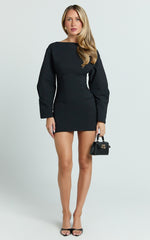 Yulia Mini Dress - Boatneck Cocoon Sleeve Fitted Dress in Black