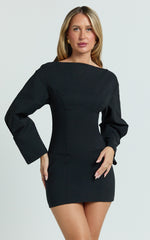 Yulia Mini Dress - Boatneck Cocoon Sleeve Fitted Dress in Black