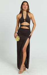 Yuna Maxi Dress - Halter Neck Ruched Cut Out Bodycon Dress in Chocolate
