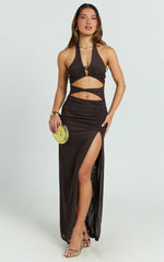 Yuna Maxi Dress - Halter Neck Ruched Cut Out Bodycon Dress in Chocolate