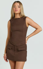 Yvette Mini Skirt - High Waisted Wool Look Skirt in Chocolate