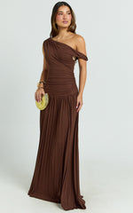Yvonne Maxi Dress - Pleat Skirt Tip Shoulder Ruched Dress in Chocolate