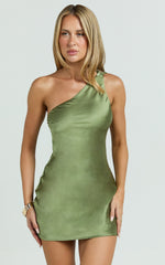 Zahra Mini Dress - One Shoulder Tie Back Dress in Deep Olive