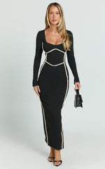 Zareena Midi Dress - Straight Neck Long Sleeve Slip Dress in Black