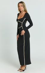 Zareena Midi Dress - Straight Neck Long Sleeve Slip Dress in Black