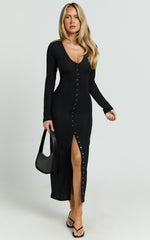 Zayla Midi Dress - Long Sleeve Button Front Bodycon Dress in Black