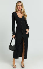 Zayla Midi Dress - Long Sleeve Button Front Bodycon Dress in Black