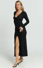 Zayla Midi Dress - Long Sleeve Button Front Bodycon Dress in Black