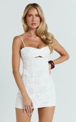 Zayla Mini Dress - Sweetheart Tie Back Broderie Mini Dress in White