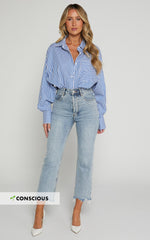 Zelrio Jeans - High Waisted Recycled Cotton Cropped Denim Jeans in Mid Blue Wash