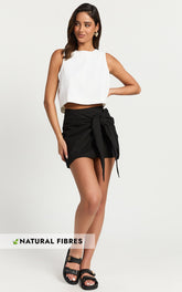 Zena Mini Skirt - Linen Front Tie Wrap Skirt in Black