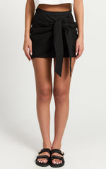 Zena Mini Skirt - Linen Front Tie Wrap Skirt in Black