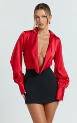Zephyr Bodysuit - Plunge Neck Cowl Bodysuit in Red