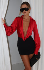 Zephyr Bodysuit - Plunge Neck Cowl Bodysuit in Red