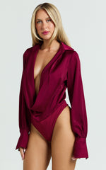 Zephyr Bodysuit - Plunge Neck Cowl Bodysuit in Wine