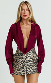 Zephyr Bodysuit - Plunge Neck Cowl Bodysuit in Wine