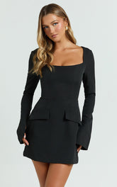 Zita Mini Dress - Long Sleeve Tailored Tulip Dress in Black