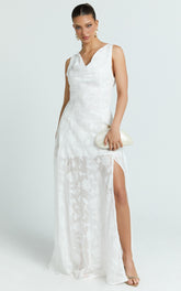 Ziva Maxi Dress - Jacquard Cowl Neck Dress in White