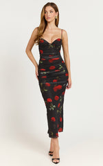 Ziva Midi Dress - Plunge Corset Front Dress in Midnight Rose