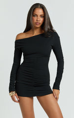 Zoe Mini Dress - Asymmetric Off Shoulder Fitted Sleeve Ruched Jersey Dress in Black
