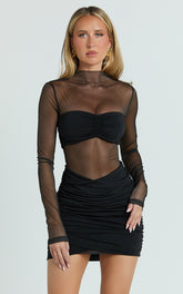 Zoe Mini Dress - Long Sleeve Mesh Dress in Black