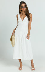 Zula Midi Dress - V Neck Sleeveless Under Bust Seam Circular Skirt Dress in White