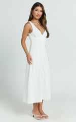 Zula Midi Dress - V Neck Sleeveless Under Bust Seam Circular Skirt Dress in White
