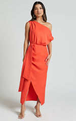 Zuri Midi Dress - One Shoulder Wrap Dress in Orange