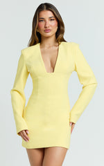 Zyla Mini Dress - Wide Shoulder Sweetheart Neck Fitted Dress in Lemon