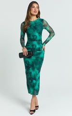 Zyra Midi Dress - High Neck Long Sleeve Mesh Dress in Green Blurred Print