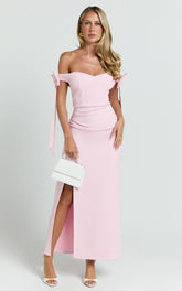 Zyriel Midi Dress - Off Shoulder Bow Sleeve Dress in Pink