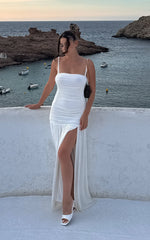 Cardi Maxi Dress - Ruched Mesh High Leg Split Dress in Ivory