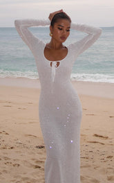 Laine Maxi Dress - Sequin Lace Wide Scoop Neck Long Sleeve Column Dress in White