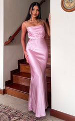 Hanna Maxi Dress - Satin Cowl Neck Low Back Dress in Pink