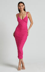 Suzie Midi Dress - Sweetheart Neck Bustier Ruched Bodycon Dress in Magenta