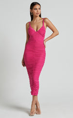 Suzie Midi Dress - Sweetheart Neck Bustier Ruched Bodycon Dress in Magenta