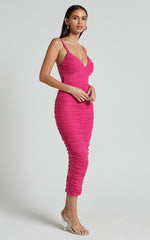 Suzie Midi Dress - Sweetheart Neck Bustier Ruched Bodycon Dress in Magenta