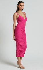 Suzie Midi Dress - Sweetheart Neck Bustier Ruched Bodycon Dress in Magenta