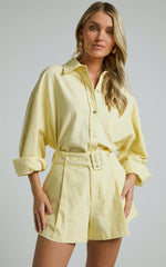 Seraphine Shorts - Linen High Waisted Belted Shorts in Lemon