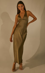 Khalani Midi Dress - Deep V Neck Satin Slip Dress in Dark Olive