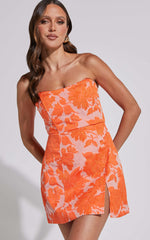 Brailey Mini Dress - Strapless Dress in Orange Jacquard