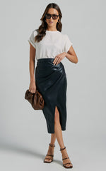 Gena Midi Skirt - Split Faux Leather Skirt in Black