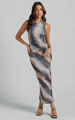 Loralie Midi Dress - Mesh High Neck Bodycon Dress in Brown Tie Dye