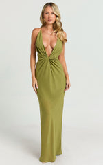 Tamara Maxi Dress - Plunge Neck Ruched Open Back Dress in Sage