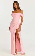 Marcel Maxi Dress - Off Shoulder Corset High Split Dress in Pink